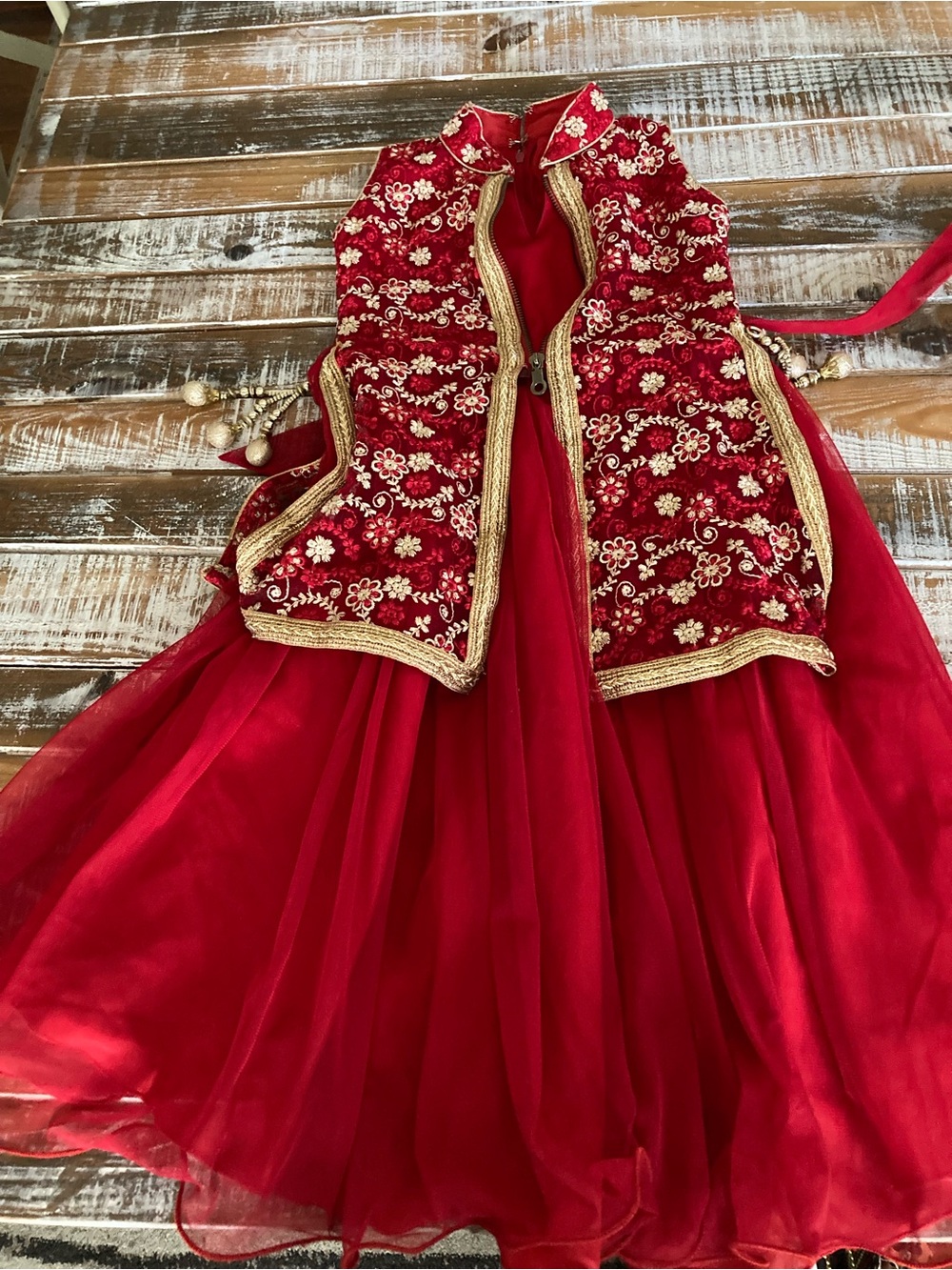 Lucy Red Embroidered Dress with Gold Trim
